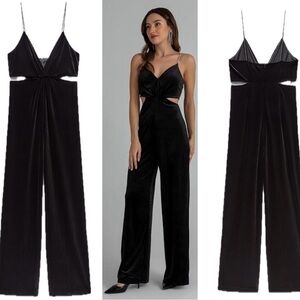 Zara Festive Days Black Velvet cut-out V-neck Jumpsuit crystal rhinestone strap
